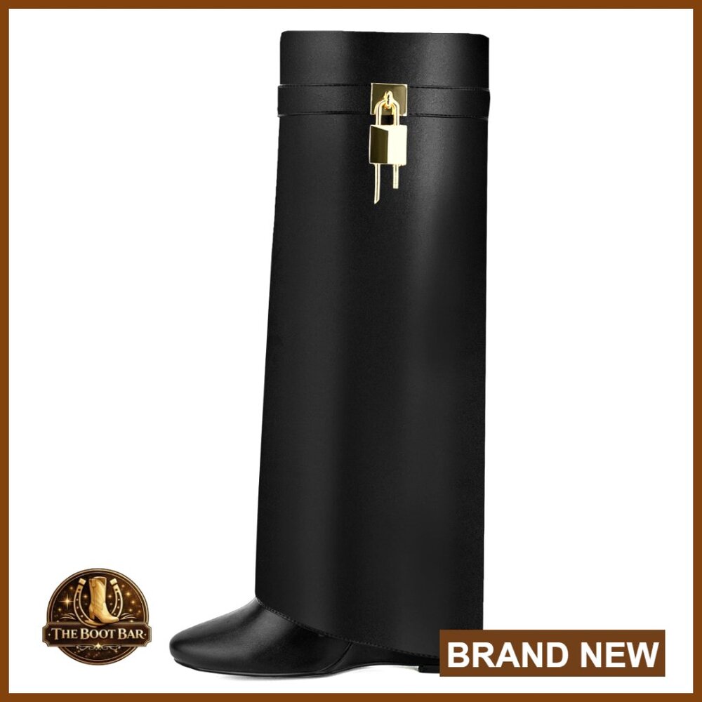 Pu Leather Fold Over Knee High Boots Wedge Heel Pointy Toe Pull On